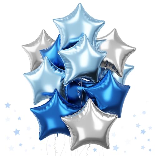 Blue Star Foil Balloons, 18 Inch Royal Blue Silver Stars Shape Foil Helium Balloons 12 Pcs Large Light Blue Silver Pentagram Balloons Party Decoration for Birthday Graduation Baby Shower Father's Day - color: Blue Silver