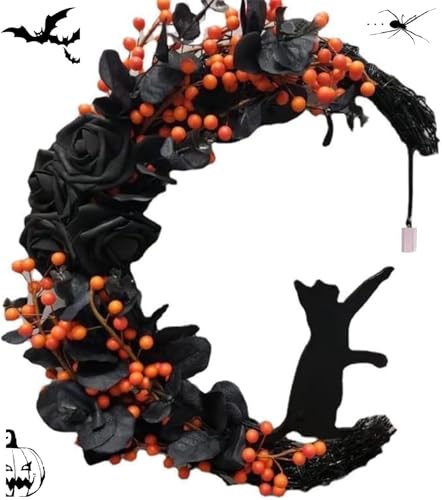 Orange Halloween Wreath with Lights, Crescent Moon Cat Door Wreath - color: Orange