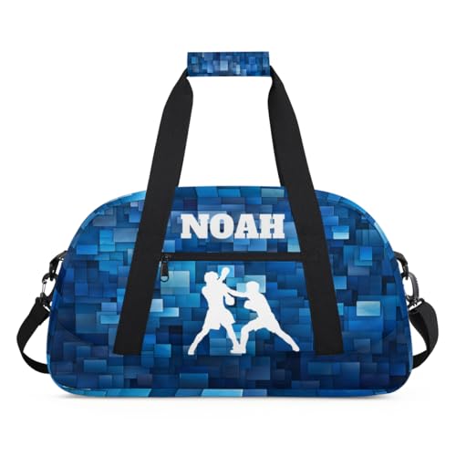 Custom Sports Bag for Boys, White Boxing Silhouette Blue Geometric | Personalized Named Practice Travel Overnight Training Bag - color: Color 32