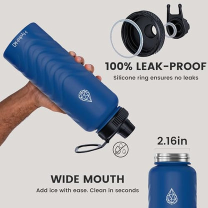 32oz Stainless Steel Insulated Water Bottle, 48H Ice Cold & 24H Hot, Leak-Proof Wide Mouth Lids (Straw & Spout), BPA-Free Bottles, Mens Water Bottle for Gym, Hiking, Travel - Blue - color: Blue, size: 32 Ounces