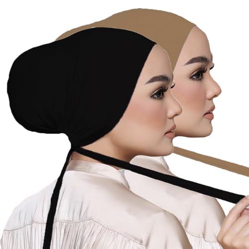 Women Under Scarf Hat Hijab Undercap Islamic Muslim Under Scarf Hijab Cap with Tie-Back Closure - color: Black+nude