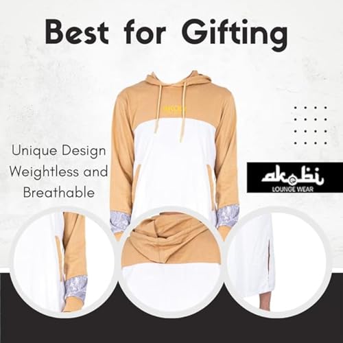 Men’s Hooded Thobe – Urban Long Sleeve Islamic Robe - White & Beige Kaftan for Eid, Prayer, Ramadan & Casual Outfits - size: Large