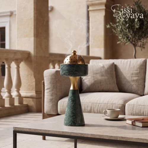 Sissi & yaya Marble Incense Burner with Brass Cover, 11 x 3.8 inches, Multi-Purpose Holder for Cones, Coils and Sticks (Green) - color: Green