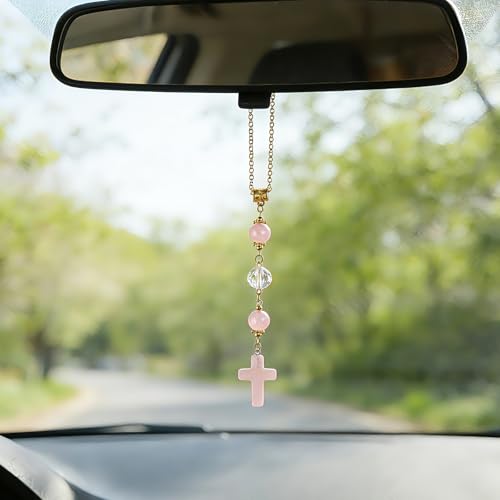 Cross Crystal Hanging Car Charm - Healing Stones Rear View Mirror Decor, Boho Handmade Sun Catcher Ornament with Tiger Eye & Sunflower Amethyst- Meaningful Gift for Women, Friends, Car Lovers - color: Rose Quartz