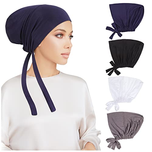PHOGARY 4 Pcs Women Hijab Undercap, Islamic Muslim Under Hijab Cap Inner Under Scarf Hat Turban with Tie Back Closure - color: Black, White, Grey, Dark Navy