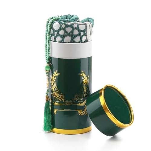 Muslim Prayer Rug and Beads with Elegant Cylinder Gift Box, Thin Woven Chenille Sajjadah for Men Women Kids, Soft Islamic Carpet Mat for Ramadan Eid (Green) - color: Green