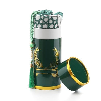 Muslim Prayer Rug and Beads with Elegant Cylinder Gift Box, Thin Woven Chenille Sajjadah for Men Women Kids, Soft Islamic Carpet Mat for Ramadan Eid (Green) - color: Green