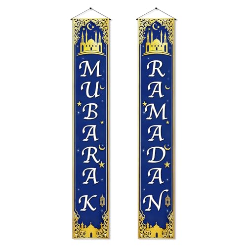 HOMETITUTE Ramadan Mubarak Porch Banner Set 12x71 Inch Crescent Moon Mosque Hanging Door Sign for Eid Festival Home Outdoor Indoor Decoration Ramadan Mubarak Wall Hanging Entryway Decor - color: Blue and Gold2