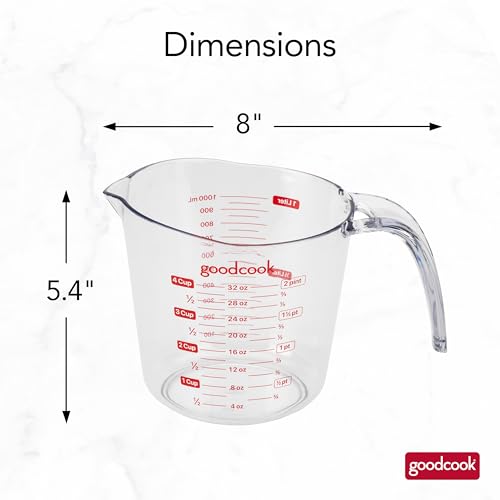 GoodCook Everyday 4-Cup Liquid Measuring Cup, Clear Plastic with Easy-to-Read Markings, Tapered Pour Spout, Comfortable Handle, Measures in Cups, Ounces, Pints, and Milliliters - color: Clear & Red, size: 4-Cup