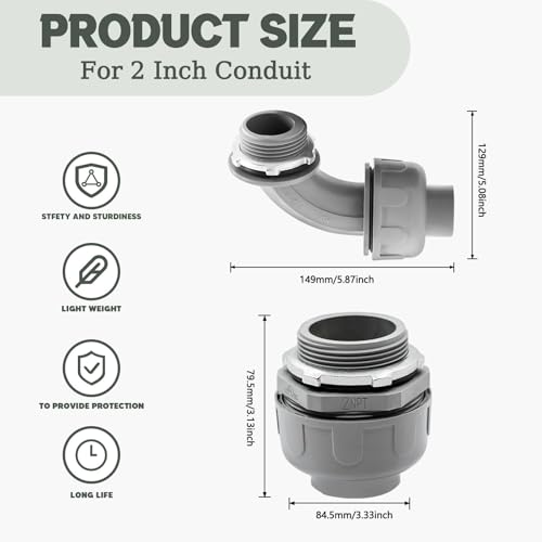 4 Pack 2 Inch Liquid Tight Connectors - PVC Electrical Conduit Fittings, Straight, 90 and 180 Degree Non-Metallic Flexible Connectors for Home, Bathroom, and Kitchen, Gray - size: 2 Inch 4-Pack (90D+180D)