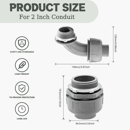 4 Pack 2 Inch Liquid Tight Connectors - PVC Electrical Conduit Fittings, Straight, 90 and 180 Degree Non-Metallic Flexible Connectors for Home, Bathroom, and Kitchen, Gray - size: 2 Inch 4-Pack (90D+180D)