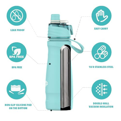 Misting Water Bottle, 24oz Insulated Water Bottle, 2-in-1 Mist & Sip Stainless Steel Water Bottles, Sports Water Bottle for Hiking, Running, Gym - color: Teal Blue