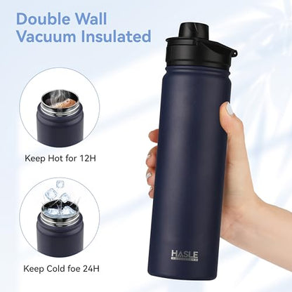 HASLE OUTFITTERS Insulated Water Bottle 22 oz Double Wall Stainless Steel Water Bottle Wide Mouth with Straw Lid & Spout Lid Keeps Cold or Hot(Navy,4) - color: Navy, size: 22oz- 4 Pack