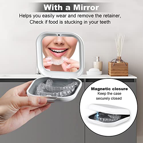 Retainer Case, Slim Aligner Case with Mirror, Compatible with Invisalign, Night Guard and Mouth Guard, Premium Retainer Case, With Aligner Remover Tool, Chew & Brush, White - color: Square: White