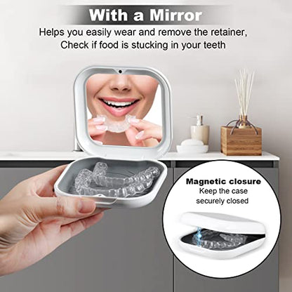 Retainer Case, Slim Aligner Case with Mirror, Compatible with Invisalign, Night Guard and Mouth Guard, Premium Retainer Case, With Aligner Remover Tool, Chew & Brush, White - color: Square: White