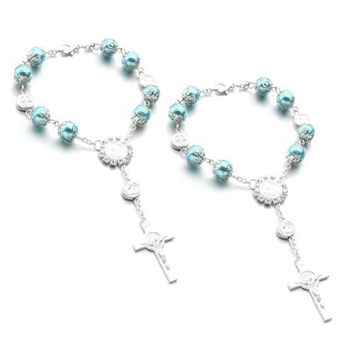 Ohleats Car Rosary for Rearview Mirror, Cross Blessing Pendant, Blue-2PCS - color: Blue-2PCS