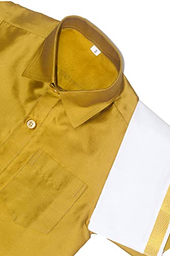 Chandrakala Boys Silk Blend Shirt with Kasavu Mundu, Dupatta & Dhoti Set | Kids Indian Traditional Party Wear(KB101) - color: Mustard Gold, size: 3-4T