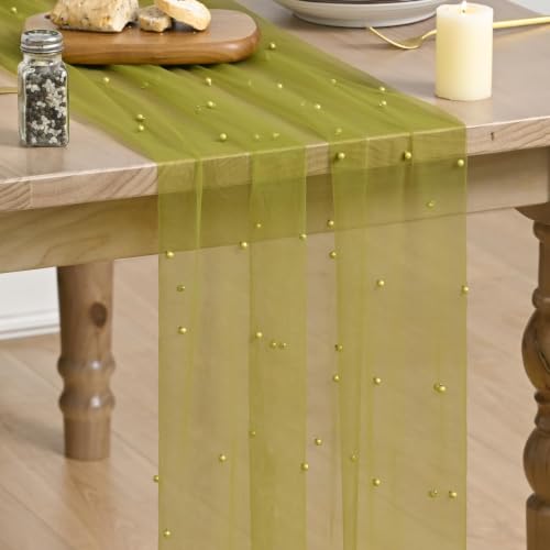Artoid Mode Pearl Green Gauze Table Runner 10FT Home Decor - color: Olive Green, size: 28" x 120"