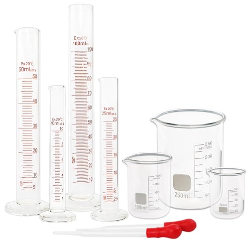 Glass Graduated Cylinder and Beaker Set 9 Pieces with Droppers | 4 Cylinders in 10 25 50 and 100ml, 3 Beakers in 50 100 and 250ml, 2 Droppers, for Lab Measuring and Experiments