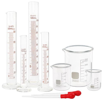Glass Graduated Cylinder and Beaker Set 9 Pieces with Droppers | 4 Cylinders in 10 25 50 and 100ml, 3 Beakers in 50 100 and 250ml, 2 Droppers, for Lab Measuring and Experiments