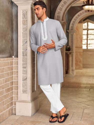 Runcati Mens Kaftan Thobe Cotton Henley Shirt Long Sleeve Embroidery Robe Casual Kurta Muslim Gown Shirt - color: Grey, size: X-Large