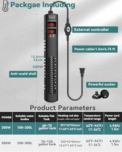 AHJ 500W Aquarium Heater for 75-120 Gallon Fish Tanks, Submersible Heater | Accurate Temperature Control, Overheat Protection, Auto Shut-Off, Fast Heating for Freshwater and Saltwater Aquariums