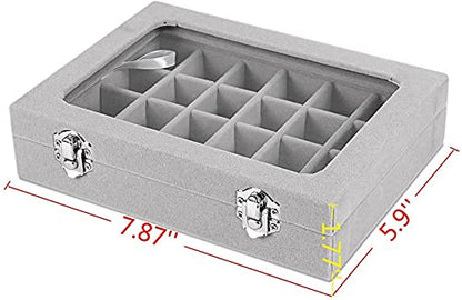 Jewelry Box 24 Grid Velvet Jewelry Tray for Drawers Glass Clear Lid Showcase Display Storage Ring Trays Holder Earrings Organizer Case(Grey)