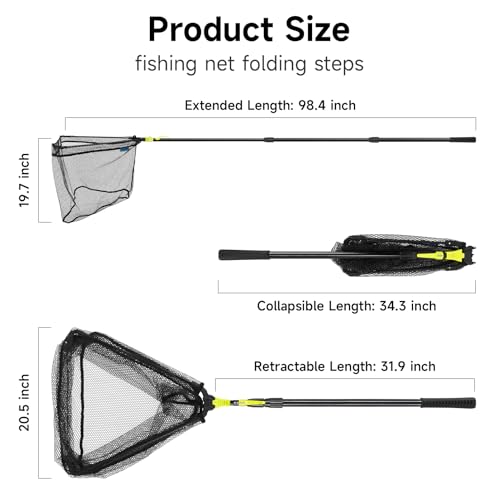 SANLIKE Foldable Fishing Landing Net, Telescopic Aluminum Pole Fishing Net | Fast folding fishing landing net for easy carrying,soft mesh safeguards fish during freshwater lake, river and pond shore - size: 98 inch