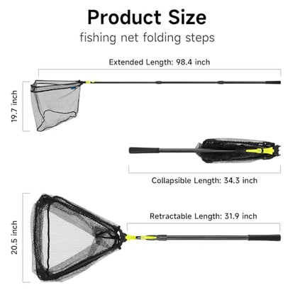 SANLIKE Foldable Fishing Landing Net, Telescopic Aluminum Pole Fishing Net | Fast folding fishing landing net for easy carrying,soft mesh safeguards fish during freshwater lake, river and pond shore - size: 98 inch