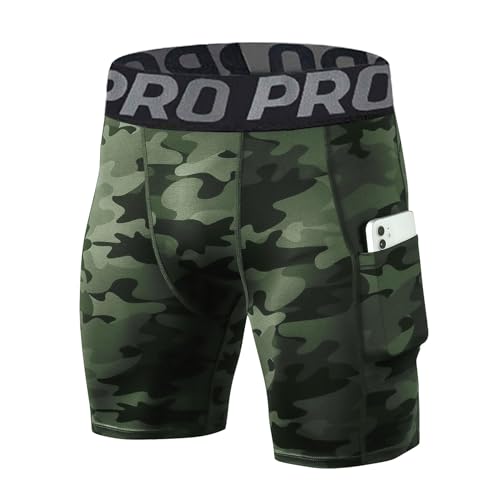 LANBAOSI Mens Compression Shorts with Phone Pocket Running Gym Yoga Athletic Tights Baselayer Summer Cool Dry Underwear Pack - color: Camo Green, size: X-Large