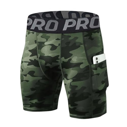 LANBAOSI Mens Compression Shorts with Phone Pocket Running Gym Yoga Athletic Tights Baselayer Summer Cool Dry Underwear Pack - color: Camo Green, size: X-Large