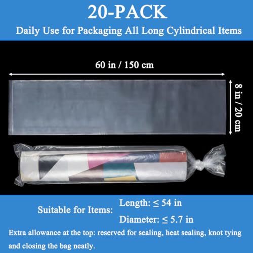 20PCS 8" x 60" Extra Long Clear Plastic Sleeves for Posters and Banners | Heavy Duty, 2 Mil Thick, Flat Open, Long Tube Storage Bags for Packaging Blueprint, Fishing Rods & Large Narrow Items - color: 8" x 60"-20PCS