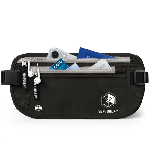 VENTURE 4TH Money Belt for Travel – Slim Hidden Under-Clothes RFID Blocking Anti-Theft Passport Holder & Travel Wallet Pouch for Men & Women to Protect Cash, Cards & Documents (Black) - color: Black