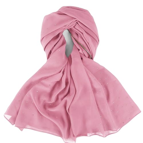 Hijab Scarf for Women Soft Chiffon Rhinestone Long Scarf Shawl Fashion Muslim Hijab Head Wrap Scarves - color: Deep Pink