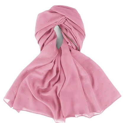 Hijab Scarf for Women Soft Chiffon Rhinestone Long Scarf Shawl Fashion Muslim Hijab Head Wrap Scarves - color: Deep Pink