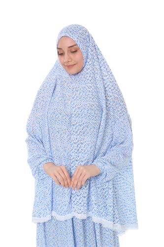Islamic Dress for Women Prayer Clothes for Muslim Women 2 Piece Set Maxi Skirt with Hijab and Rosary Printed Dress - color: Blue