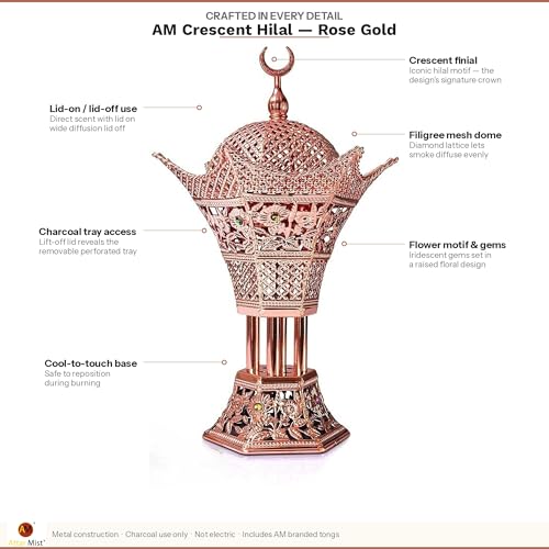 AM Bakhoor Charcoal Incense Burner - Oud Frankincense Resin Burner 10.5 Inches Tall - for Bakhoor Oud Incense Sticks Cones - Luxury Filigree (Rose Gold) - color: Rose Gold