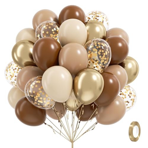 60pcs Brown and Gold Balloons for Neutral Bridal Shower, Birthday, Baby Shower Party Decorations - Light Sand White Confetti Balloons - color: Brown Nude