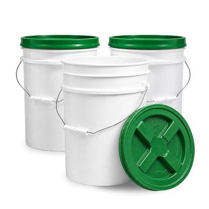 5 Gallon Bucket - Food Grade w/Lid BPA-Free, White/Green, 3 | Airtight Gamma Seal Screw-On Lid, Heavy-Duty 90 Mil HDPE Plastic, Food Safe and Durable Container, Bulk Storage, Made in USA - color: White/Green, size: 3 Packs