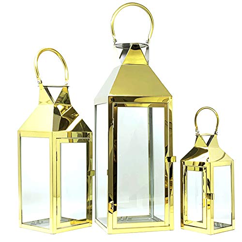 Allgala 3-PC Lantern Set 24 Inch Jumbo Deluxe Modern Indoor/Outdoor Candle Lantern Set Gold Stainless Steel Frame Tempered Glass Pyramid Top for Garden Poolside Fireplace Wedding - color: Pyramid Top Gold