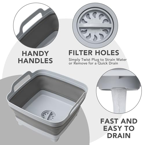Tiawudi Dishpan for Washing Dishes, 2.4Gal/9L Wash Basin with Draining Plug Carry Handles, Collapsible Bucket for Cleaning, Portable Sink, Foldable Plastic Tub, 1PC