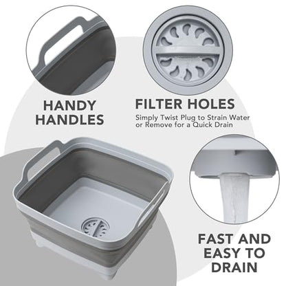 Tiawudi Dishpan for Washing Dishes, 2.4Gal/9L Wash Basin with Draining Plug Carry Handles, Collapsible Bucket for Cleaning, Portable Sink, Foldable Plastic Tub, 1PC