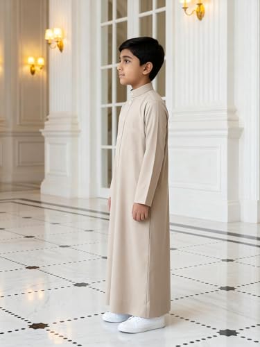 Boys' Muslim Thobe, Beige Islamic Abaya with Stand Collar, Long Sleeve Traditional Robe for Eid & Daily Wear - size: 8Y