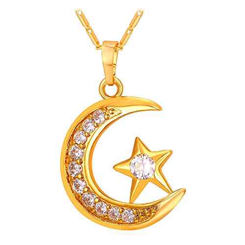 U7 Allah Necklace for Women/Men, 18K Gold Plated Square/Oval/Coin/Heart/Crescent Moon Islamic Pendant Necklace Muslim Jewelry with Chain - color: 01.Crescent Moon gold