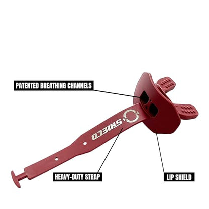O Shield Striker Football Lip Guard with Permanent Strap | Football Lip Guard with Permanent Strap — Front Teeth, Lip, and Full Bite-Surface Coverage, No-Boil Ready Fit - color: Maroon
