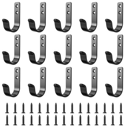15-Pack Black Metal Wall Mount Hooks for Hanging Coats & Towel | Screw-in Single Hooks for Clothing, Robe, Bathroom, Entryway, Garage - color: 15PCS Wide Black hook