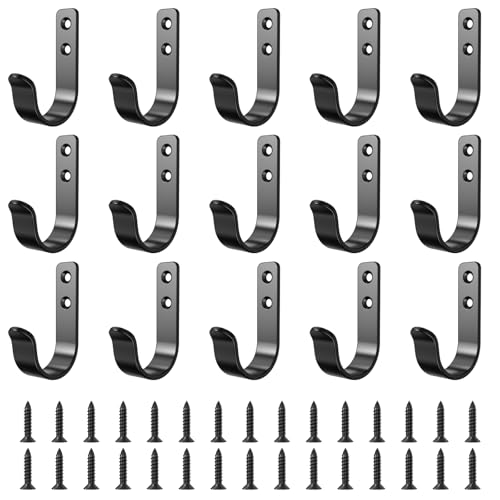 15-Pack Black Metal Wall Mount Hooks for Hanging Coats & Towel | Screw-in Single Hooks for Clothing, Robe, Bathroom, Entryway, Garage - color: 15PCS Wide Black hook