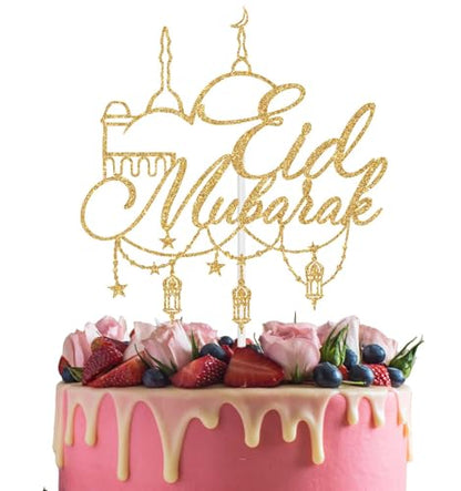 Eid Mubarak Cake Topper, Happy Eid Al-Fitr/Eid al-Adha Fastival Decorations, Islamic Muslim Tranditional Festival Party Decoration Supplies, Hajj Mubarak Decor Gold Glitter