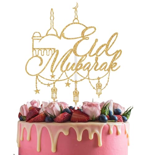 Eid Mubarak Cake Topper, Happy Eid Al-Fitr/Eid al-Adha Fastival Decorations, Islamic Muslim Tranditional Festival Party Decoration Supplies, Hajj Mubarak Decor Gold Glitter