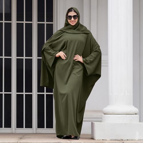 IDOPIP Abayas for Women Muslim Dress with Hijab, One-Piece Long Sleeve Islamic Prayer Dress with Khimar Jilbab Kaftan Clothes - color: Army Green + Hijab